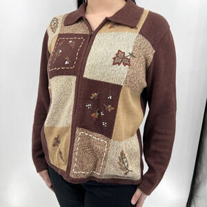 Vintage Designers Originals Zip Brown Tan‎ Leaf Embroidered Sweater Size Medium